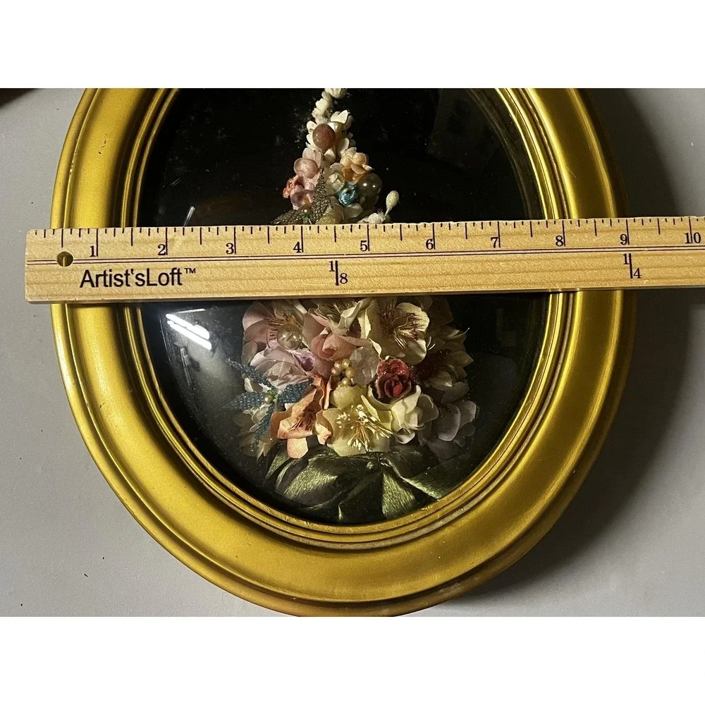 Vintage Victorian Christmas Tree Window Panel Oval Gold Frame Floral Multicolor